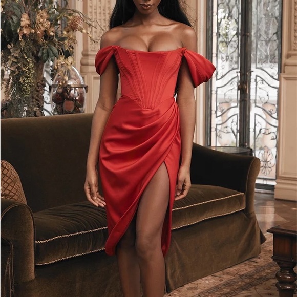 Beautiful red satin fishbone evening cocktail party corset dress L - Picture 2 of 9